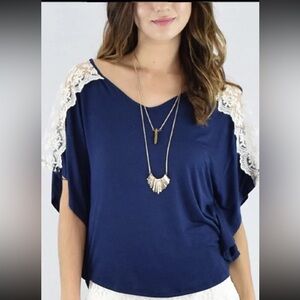 Women’s Size Medium Navy Blue Vintage Lace Accent Dolman Crop Top Boho